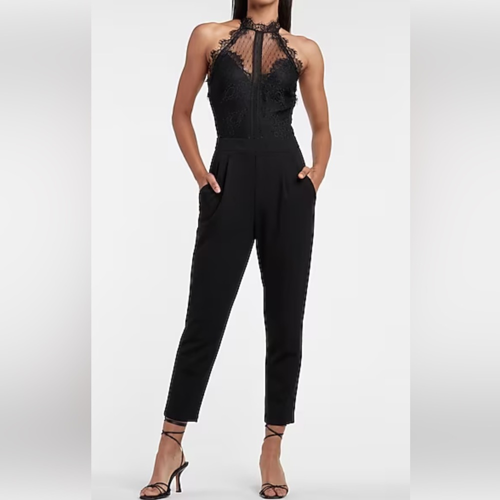 Express halter neck black lace jumpsuit. Size: S